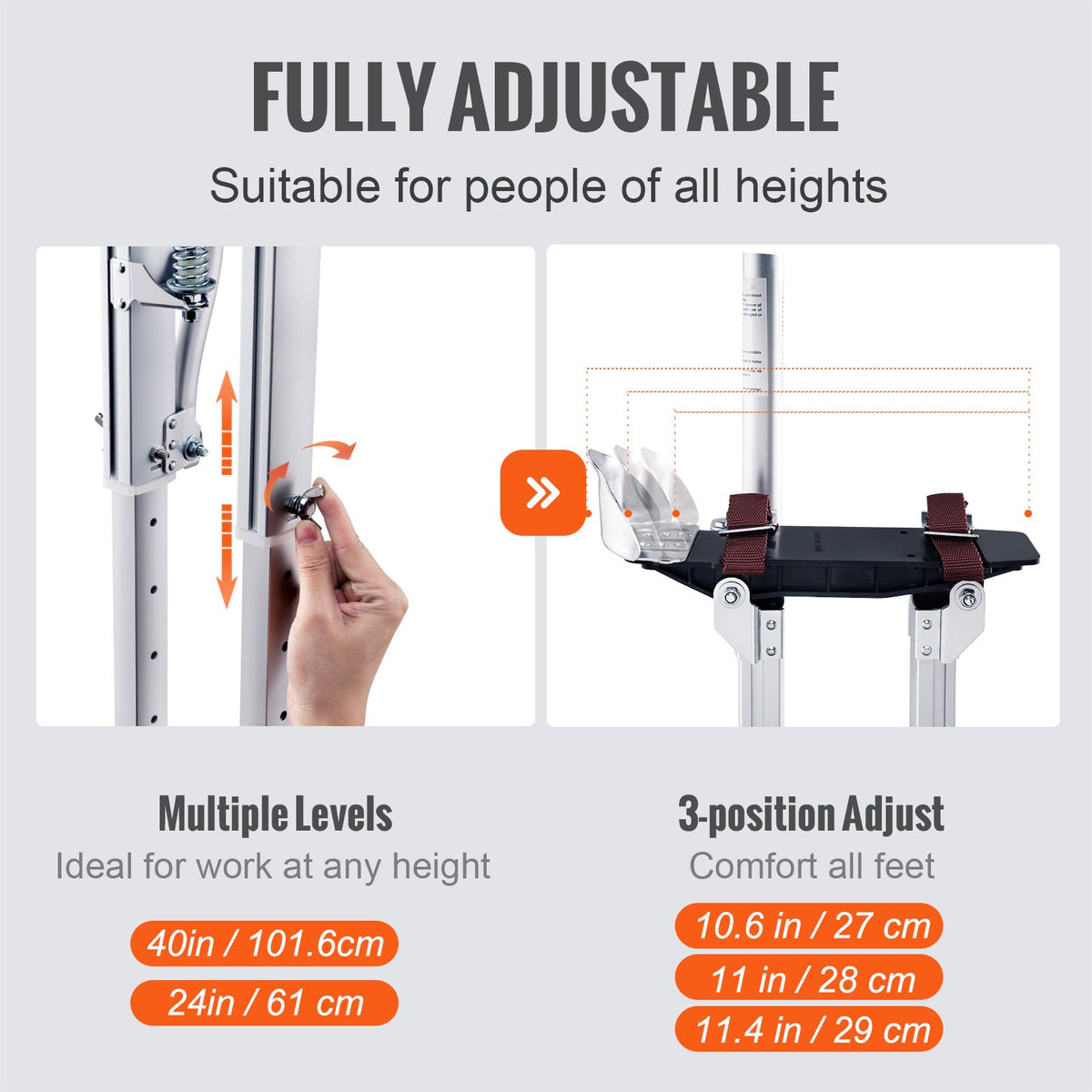 Drywall Stilts, 24''-40'' Adjustable Aluminum Tool Stilts with Protective Knee Pads, Durable and Non-Slip Work Stilts for Sheetrock Painting, Walking, Taping, Silver