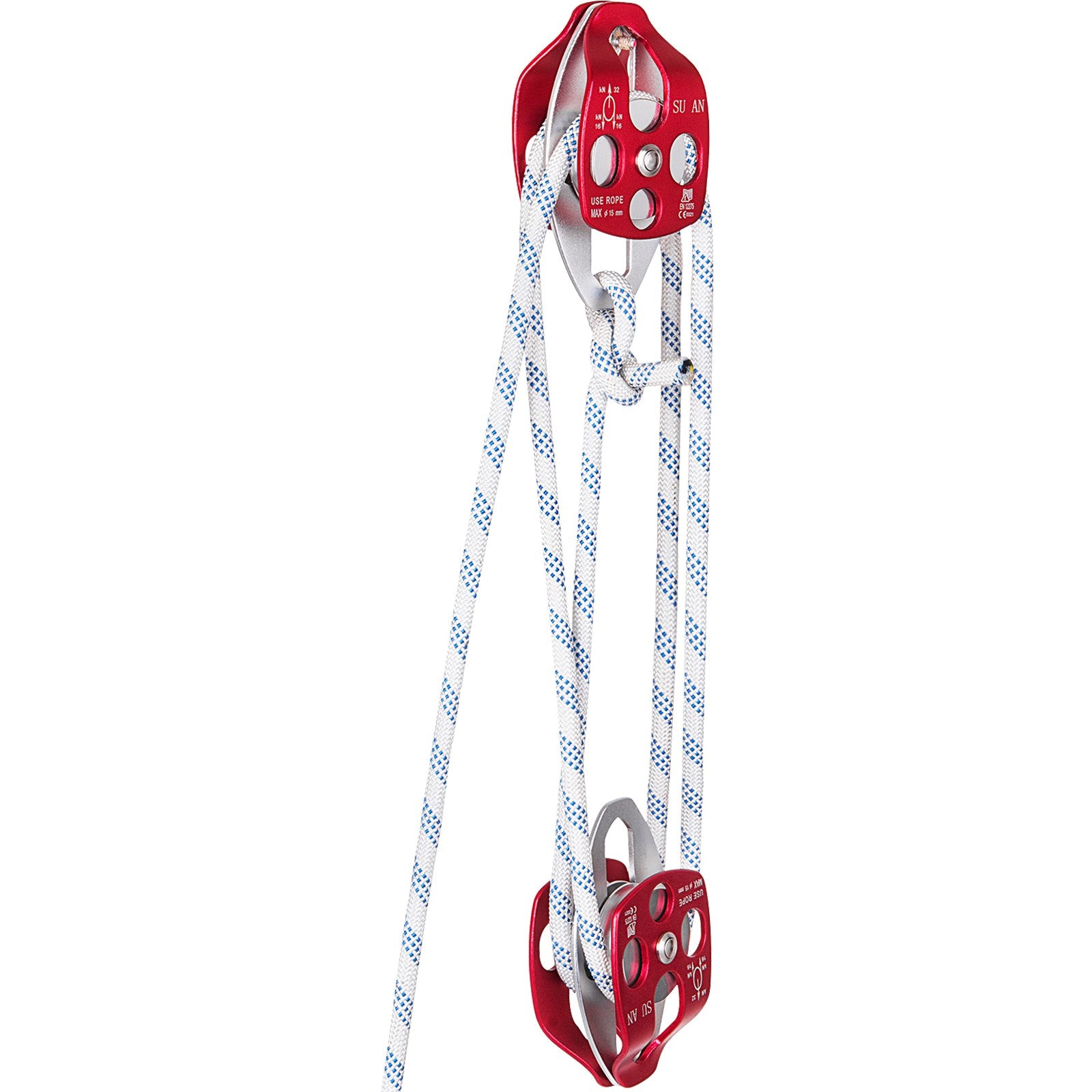 Twin Sheave Block and Tackle 1.09-1.27cm 3048-6096cm Twin Sheave Block with Braid Rope 30-35KN 2994-3495KGS Double Pulley Rigging (1/2" x 200')