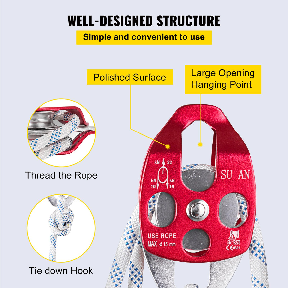 Twin Sheave Block and Tackle 1.09-1.27cm 3048-6096cm Twin Sheave Block with Braid Rope 30-35KN 2994-3495KGS Double Pulley Rigging (1/2" x 200')