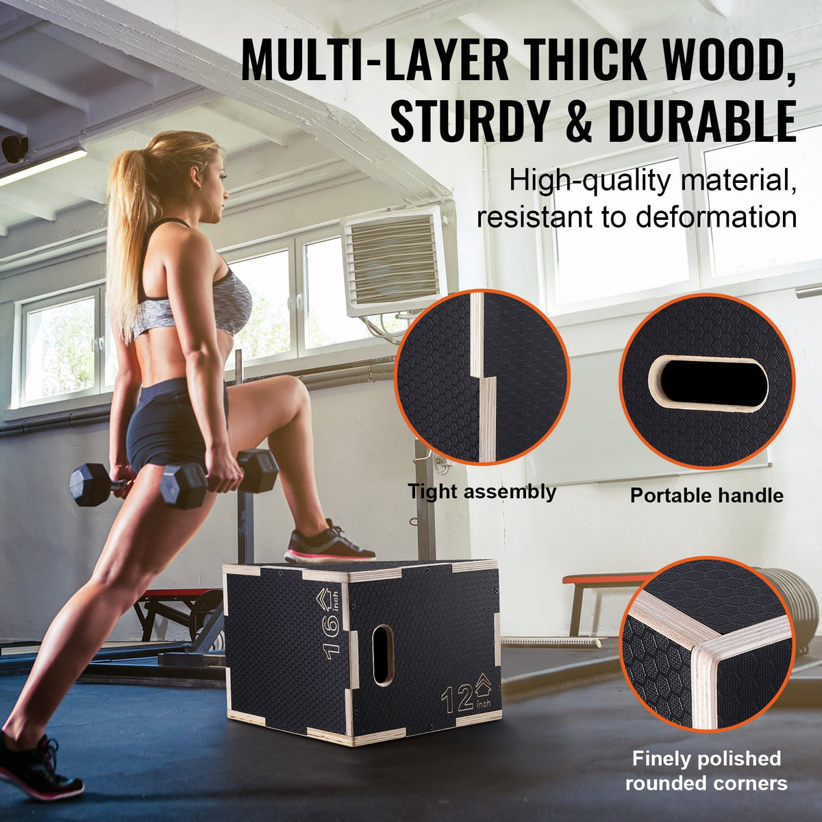 3 in 1 Plyometric Jump Box, 16/14/12 Inch Wooden Plyo Box, Platform & Jumping Agility Box, Anti-Slip Fitness Exercise Step Up Box for Home Gym Training, Conditioning Strength Training, Black