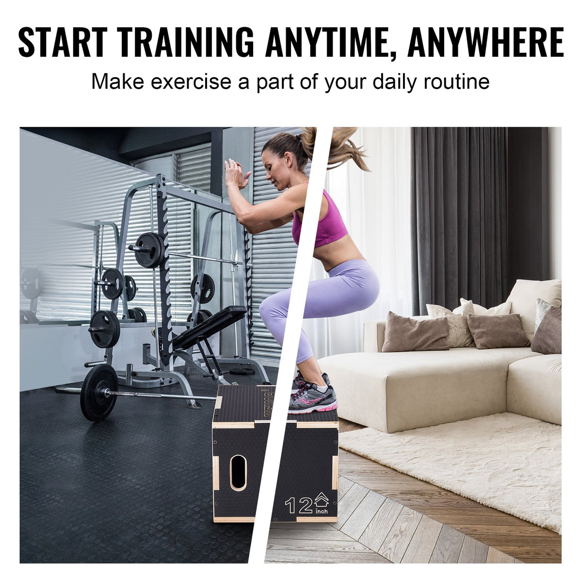 3 in 1 Plyometric Jump Box, 16/14/12 Inch Wooden Plyo Box, Platform & Jumping Agility Box, Anti-Slip Fitness Exercise Step Up Box for Home Gym Training, Conditioning Strength Training, Black