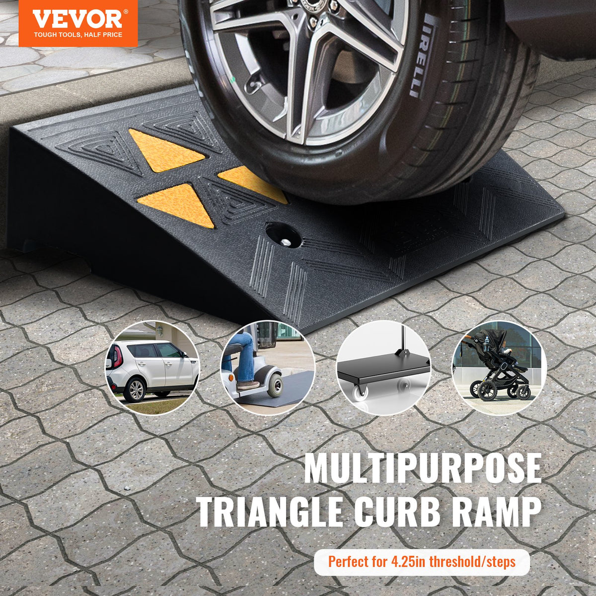 Rubber Curb Ramp 10.8 cm Rise Height Sidewalk Curb Ramp, 30 cm Width 50 cm Length Driveway Ramp for Curb, 15T Heavy Duty Rubber Ramp for Forklifts, Trucks, Buses, Cars, Wheelchairs, Bikes