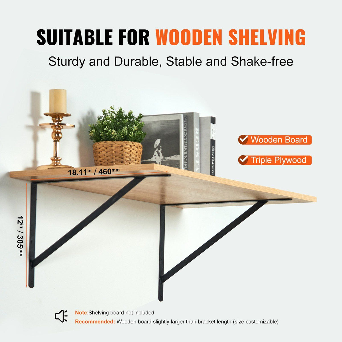 Shelf Bracket, 46 x 30.5 cm 12 Pcs, Heavy Duty Floating Shelf Brackets, Brackets for Shelves, 3mm Thick Matte Black Triangle Shelf Bracket,Steel Shelving Brackets with 72.6 kg Load Capacity