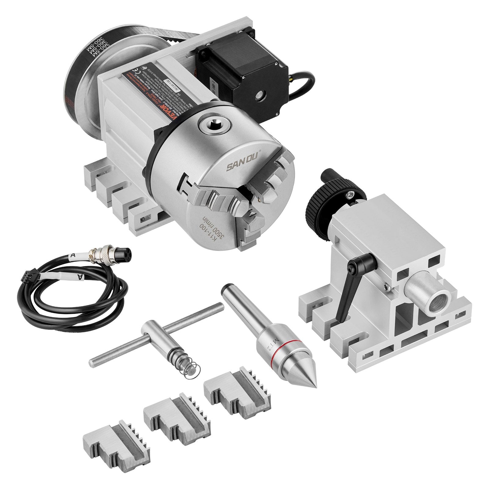 Dividing Head, K11-100mm 3-Jaw Chuck, CNC Router Milling Machine Rotational Axis 4th Axis A Axis Indexing Head, 65 mm Center Height MT2 Tailstock 6:1 Gear Ratio, Universal for Engraving