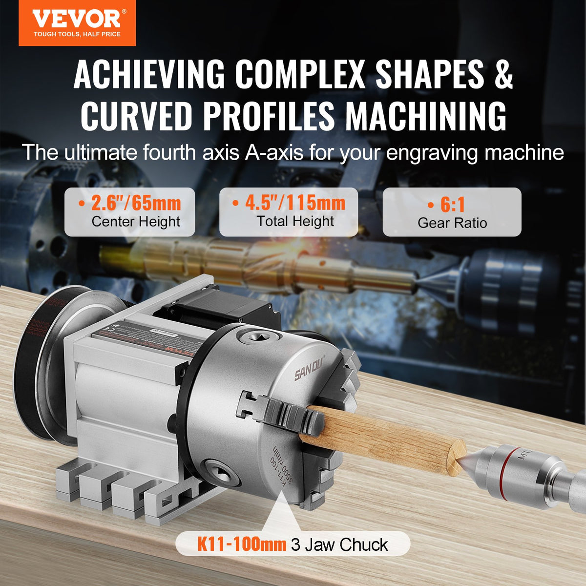 Dividing Head, K11-100mm 3-Jaw Chuck, CNC Router Milling Machine Rotational Axis 4th Axis A Axis Indexing Head, 65 mm Center Height MT2 Tailstock 6:1 Gear Ratio, Universal for Engraving