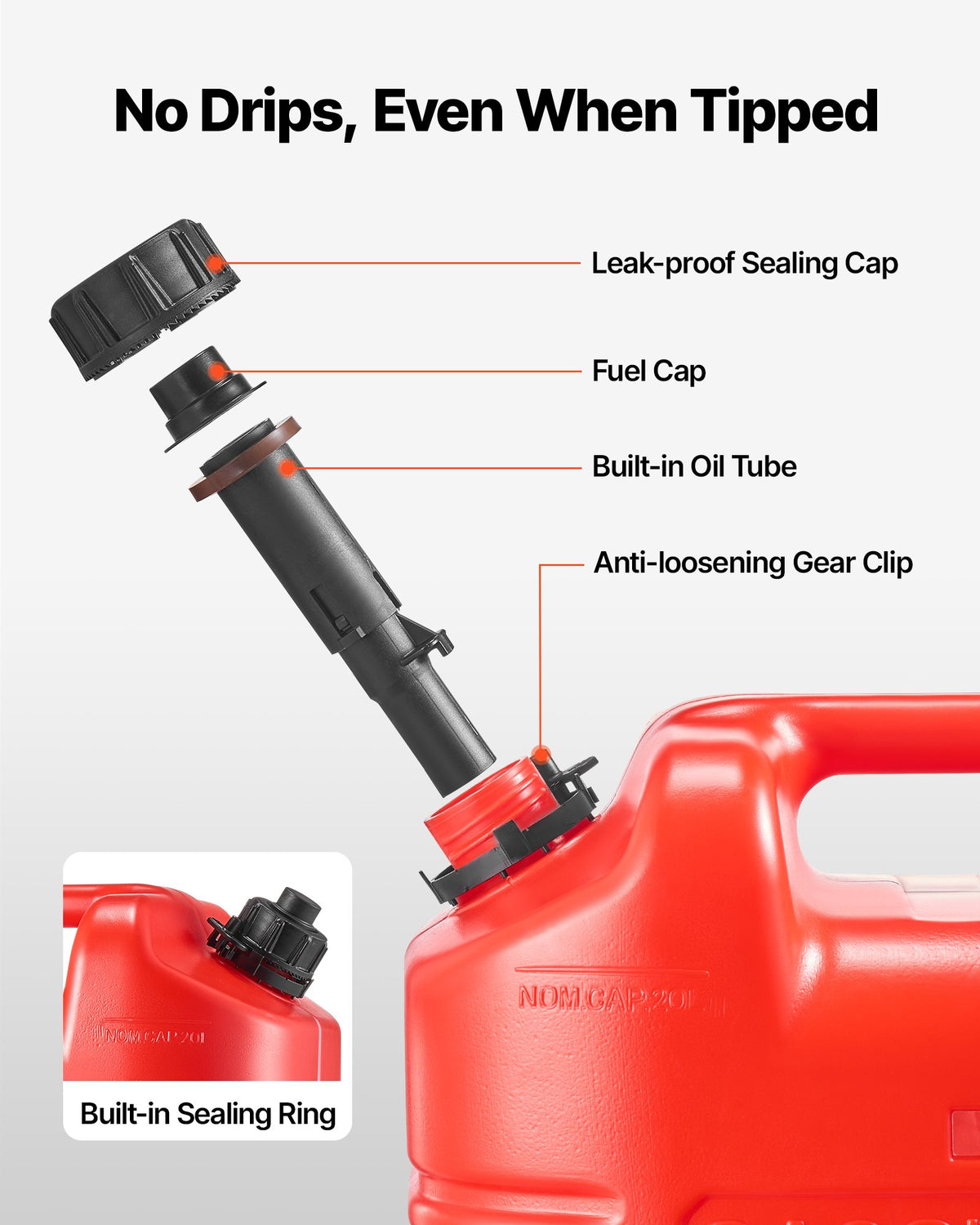 Fuel Container, 19 L, Gas Tank with Spout & Clear Scale, 15 L/min Max Flow Rate, Secure & Leak-proof, Portable Flat Fluid Container for Most Cars Motorcycle ATV UTV, Red, 1 Pack