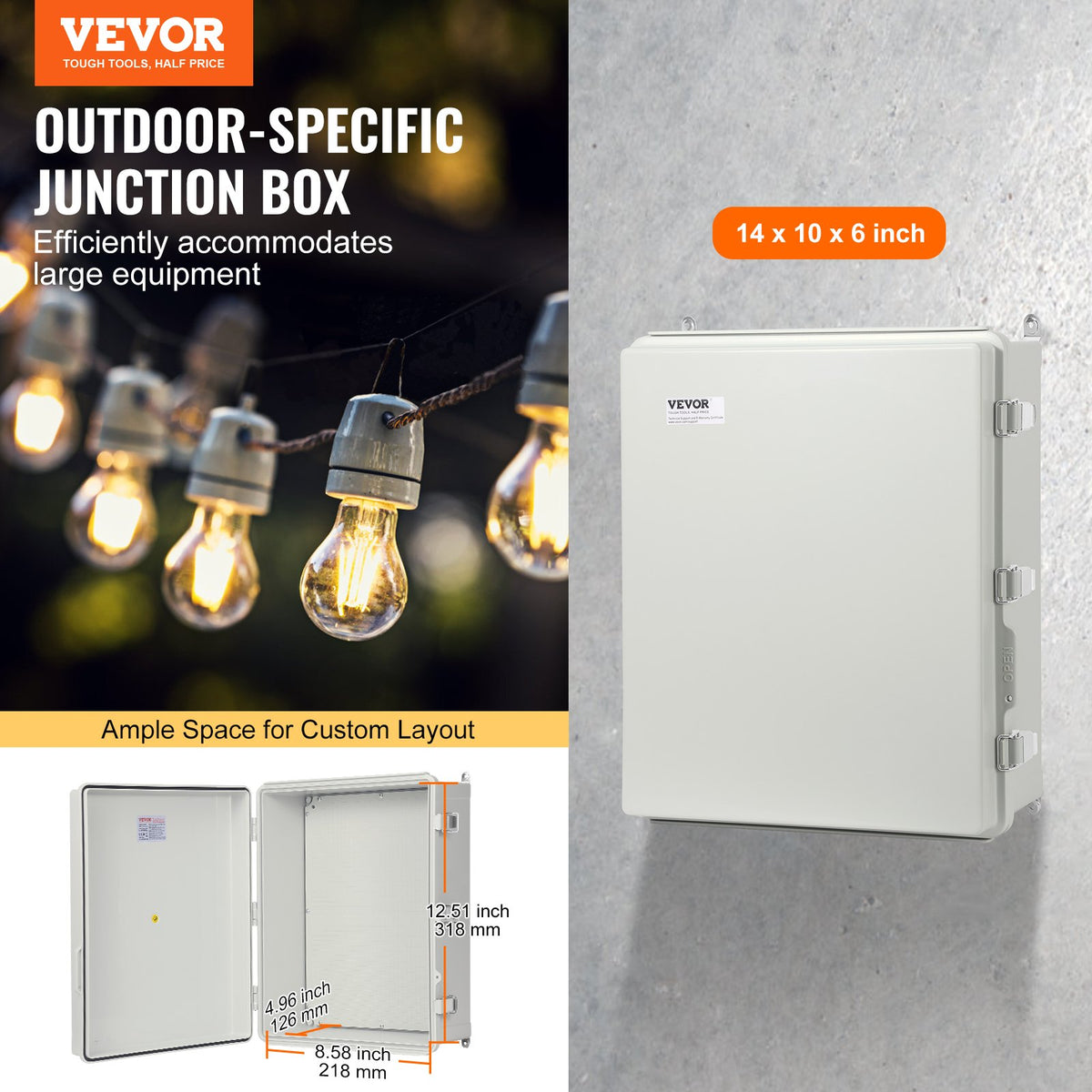 Outdoor Electrical Junction Box, 350 x 250 x 150 mm, ABS Plastic Electrical Enclosure Box with Hinged Cover Stainless Steel Latch, IP67 Dustproof Waterproof for Outdoor Electrical Projects