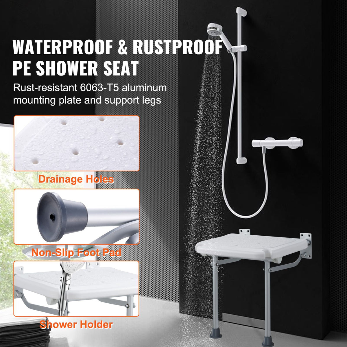 Folding PE Shower Seat, 15.7'' x 14.8'' Unfolded, Wall Mounted Fold Up Shower Bench with 500 lbs Load Capacity, Space Saving Fold Down Shower Chair for Seniors Pregnant Women Children Adults