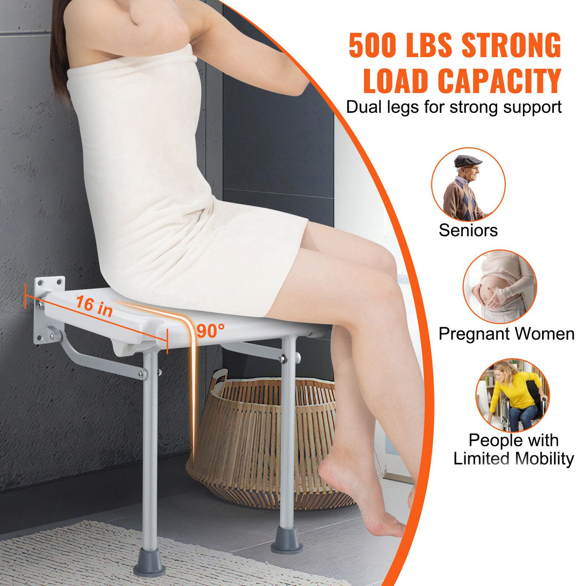 Folding PE Shower Seat, 15.7'' x 14.8'' Unfolded, Wall Mounted Fold Up Shower Bench with 500 lbs Load Capacity, Space Saving Fold Down Shower Chair for Seniors Pregnant Women Children Adults