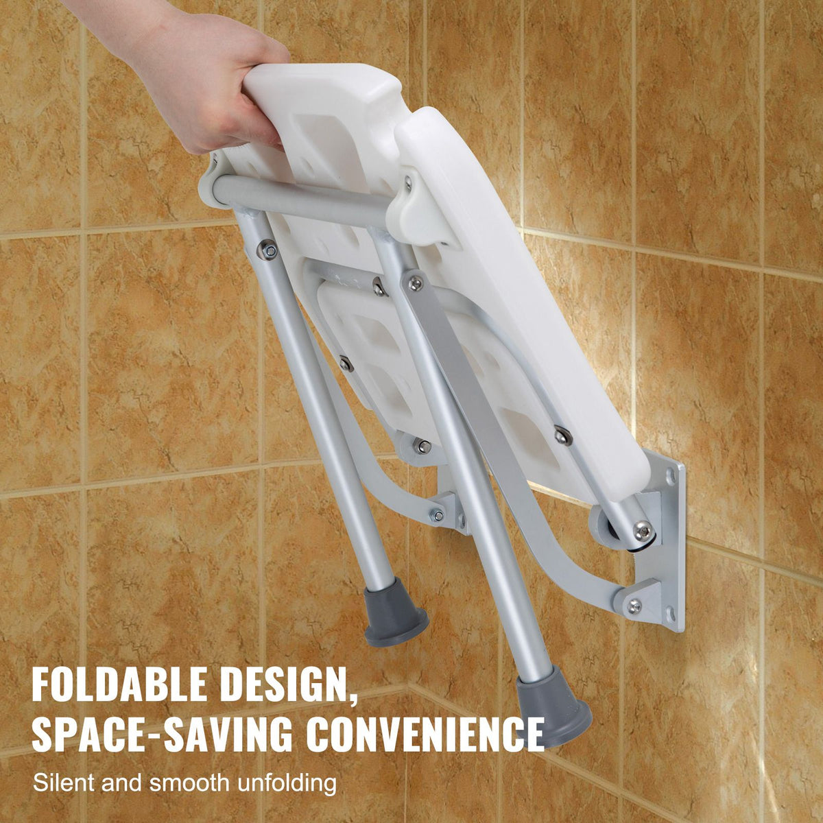 Folding PE Shower Seat, 15.7'' x 14.8'' Unfolded, Wall Mounted Fold Up Shower Bench with 500 lbs Load Capacity, Space Saving Fold Down Shower Chair for Seniors Pregnant Women Children Adults