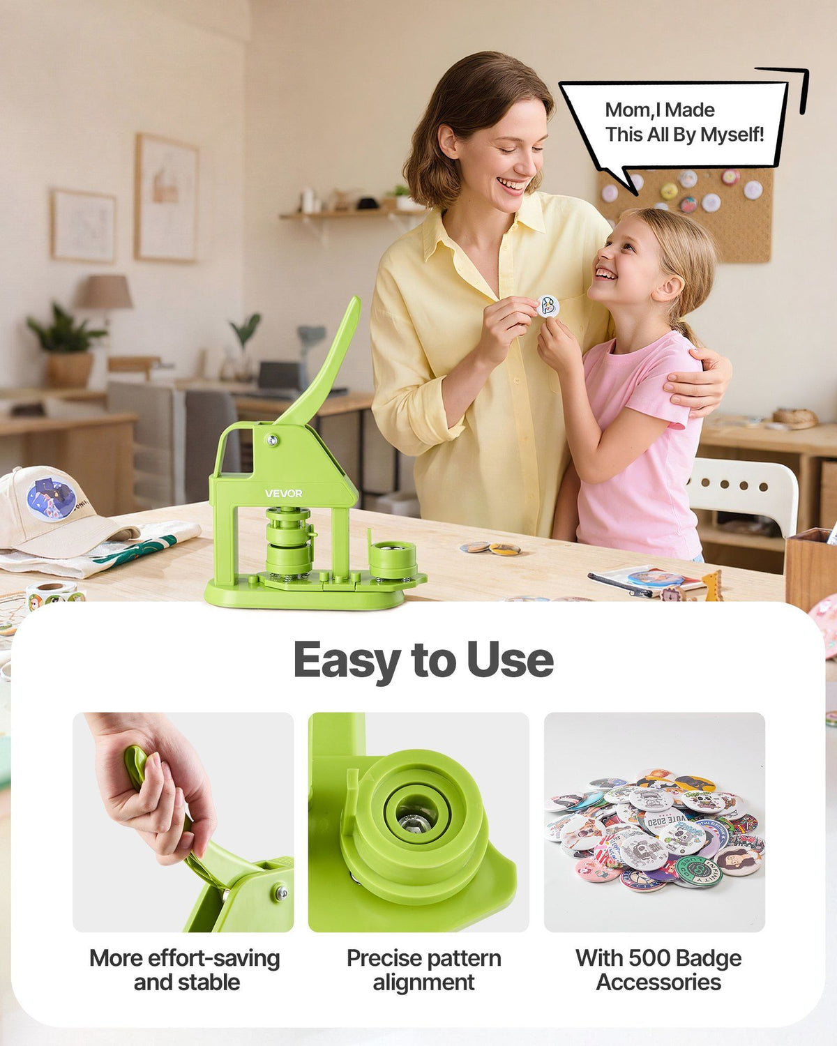 Button Maker Machine, 32 mm, Plastic Pin Maker with 500pcs Button Parts, Mr. Panda Magic Book, Circle Cutter and Hex Wrenches, Reinforced Ergonomic Handle, for DIY Badges, Personalized Pins