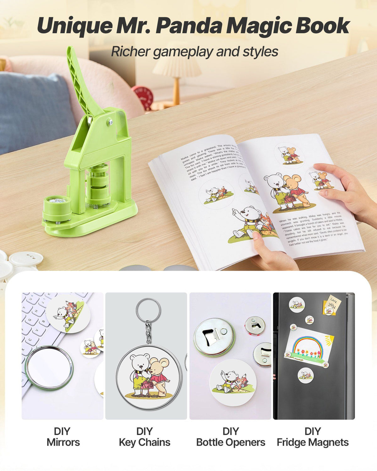 Button Maker Machine, 32 mm, Plastic Pin Maker with 500pcs Button Parts, Mr. Panda Magic Book, Circle Cutter and Hex Wrenches, Reinforced Ergonomic Handle, for DIY Badges, Personalized Pins