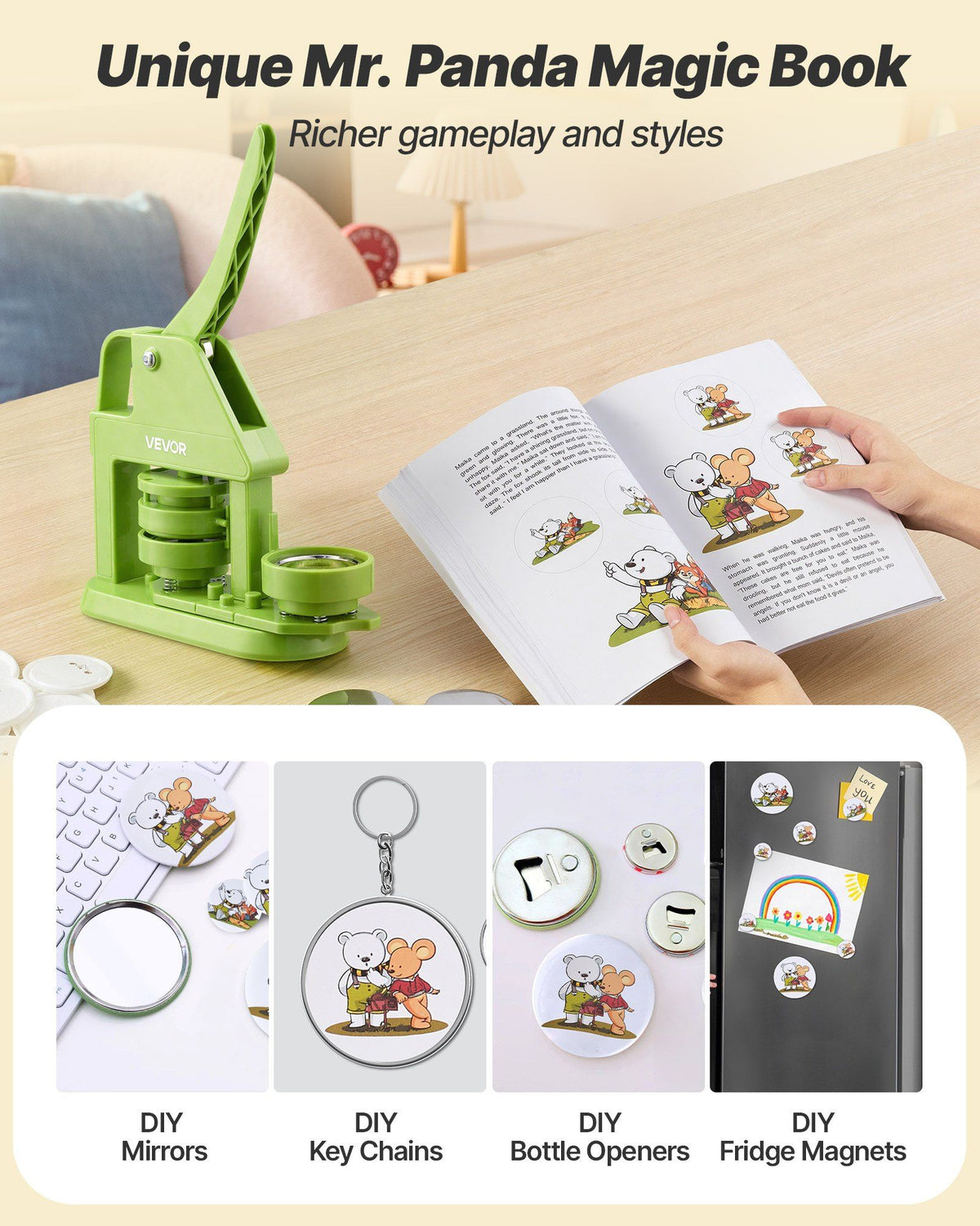 Button Maker Machine, 58 mm, Plastic Pin Maker with 100pcs Button Parts, Mr. Panda Magic Book, Circle Cutter and Hex Wrenches, Reinforced Ergonomic Handle, for DIY Badges, Personalized Pins