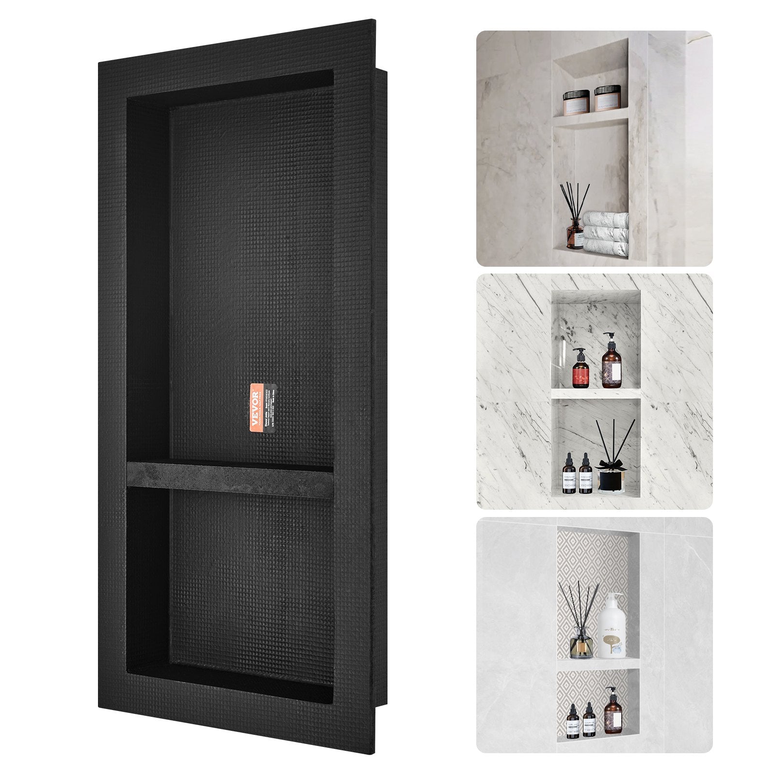 Shower Niche Ready for Tile 40.64 x 81.28 cm, Double Shelf Organizer, Square Corners Wall-inserted Niche Recessed, Sealed Protection Modern Soap Storage Niche for Shower Bathroom, Black