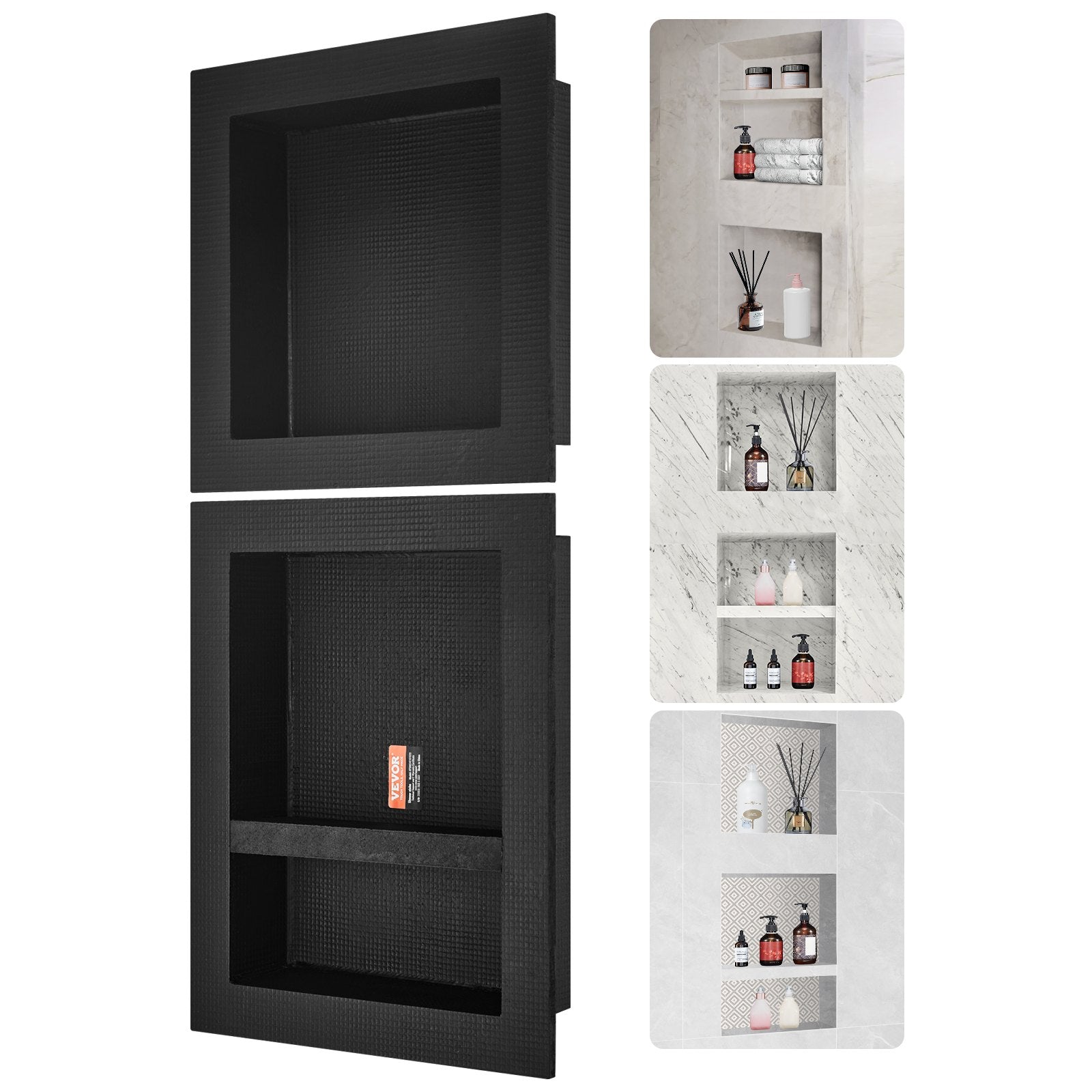 Shower Niche Ready for Tile 40.64x40.64cm & 40.64x50.8cm, Triple Shelf, Square Corners Wall-inserted Niche Recessed, Sealed Protection Modern Soap Storage Niche for Shower Bathroom, Black