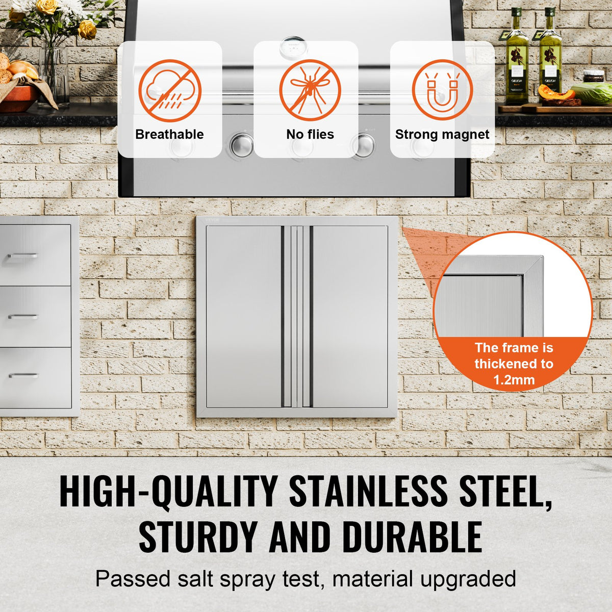 BBQ Access Door, 610x610 mm Double Outdoor Kitchen Door, Stainless Steel Flush Mount Door, Wall Vertical Door with Recessed Handles , for BBQ Island, Grilling Station, Outside Cabinet