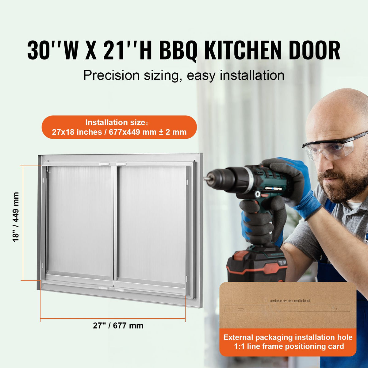 BBQ Access Door, 762x532 mm Double Outdoor Kitchen Door, Stainless Steel Flush Mount Door, Wall Vertical Door with Recessed Handles , for BBQ Island, Grilling Station, Outside Cabinet