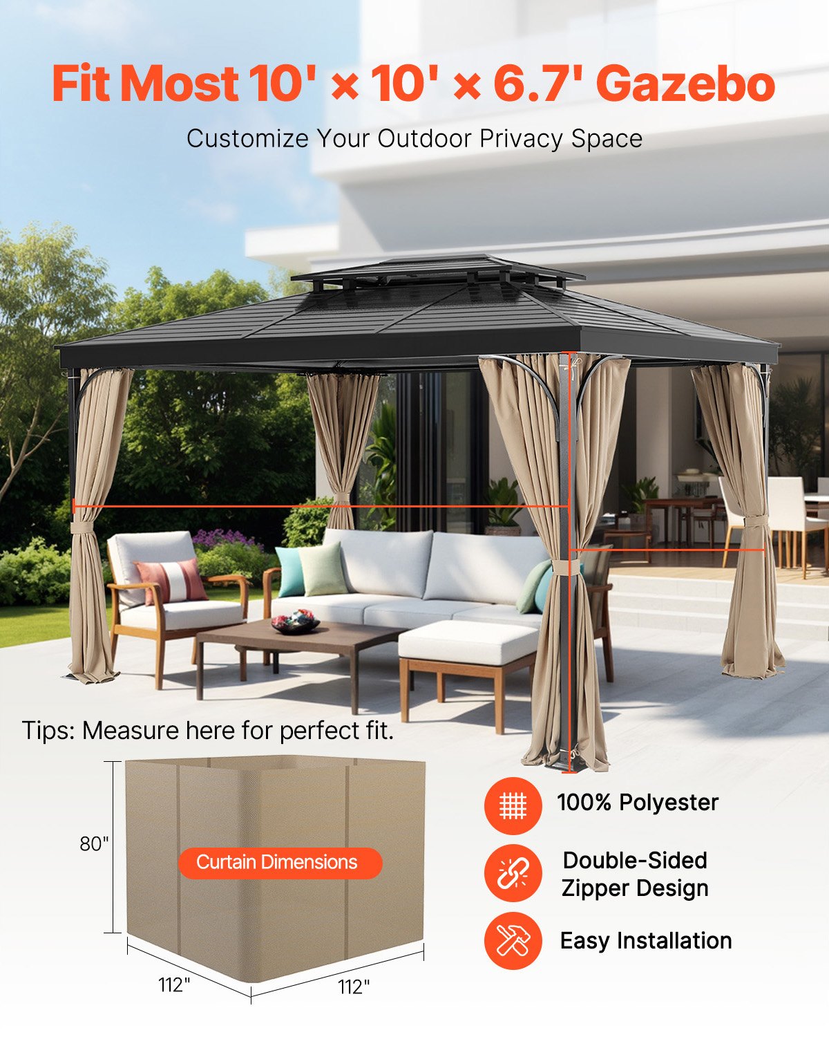 Gazebo Curtains Outdoor, Fit Most 10' x 10' x 6.7' Gazebos, 4-Panel Sidewall Gazebo Privacy Curtains with Zippers, Outdoor Curtain Replacement for Patio Canopy, Only Curtain, Khaki