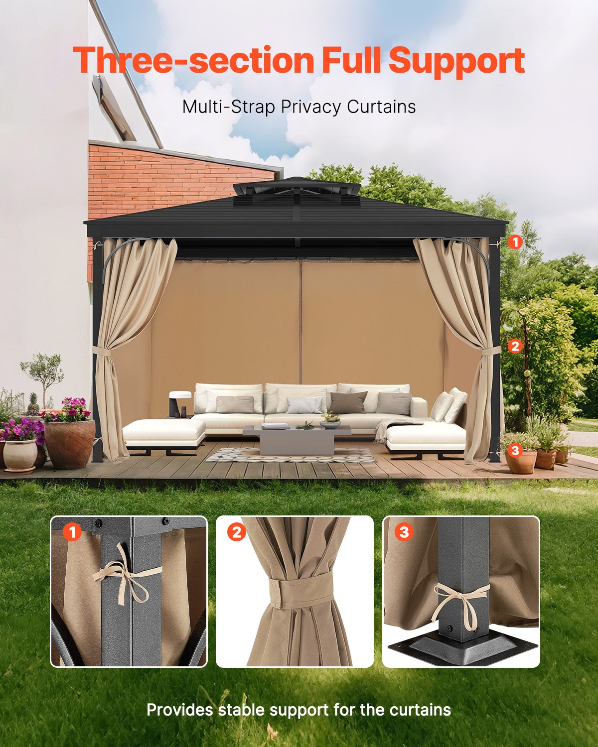 Gazebo Curtains Outdoor, Fit Most 10' x 10' x 6.7' Gazebos, 4-Panel Sidewall Gazebo Privacy Curtains with Zippers, Outdoor Curtain Replacement for Patio Canopy, Only Curtain, Khaki