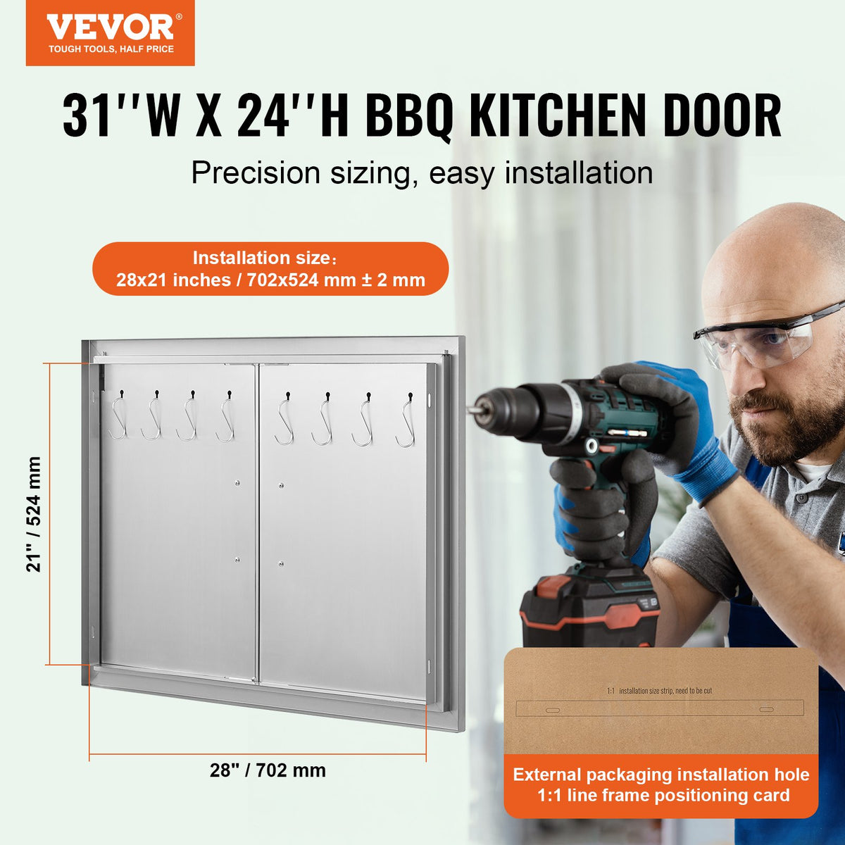 BBQ Access Door, 787x609 mm Double Outdoor Kitchen Door, Stainless Steel Flush Mount Door, Double Wall Vertical Door with Handles and Hooks, for BBQ Island, Grilling Station, Outside Cabinet