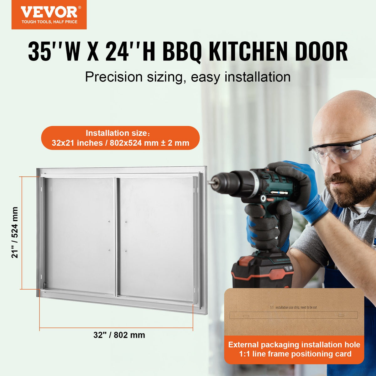 BBQ Access Door, 889x610 mm Double Outdoor Kitchen Door, Stainless Steel Flush Mount Door, Wall Vertical Door with Handles, for BBQ Island, Grilling Station, Outside Cabinet