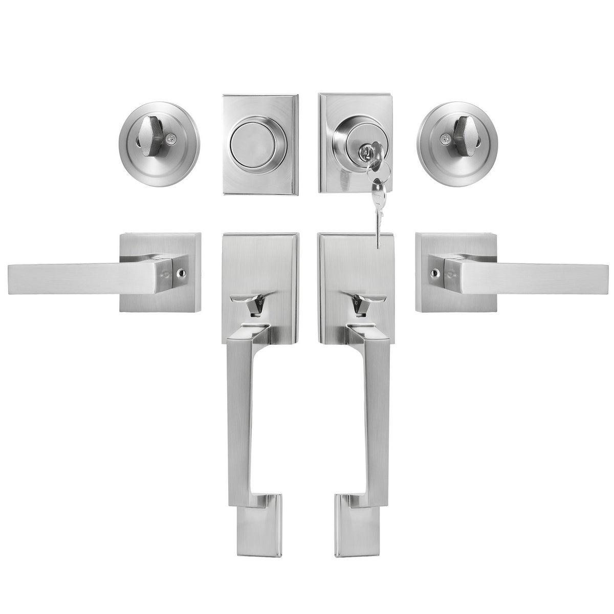 Double Door Handle Set, Satin Nickel Square Door Lever, Heavy Duty Double Front Door Handle Set with Dummy, Double Door Lock Set with Reversible Handle Lever, for Front Door or Office Door