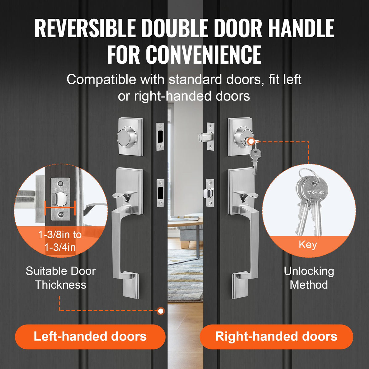 Double Door Handle Set, Satin Nickel Square Door Lever, Heavy Duty Double Front Door Handle Set with Dummy, Double Door Lock Set with Reversible Handle Lever, for Front Door or Office Door