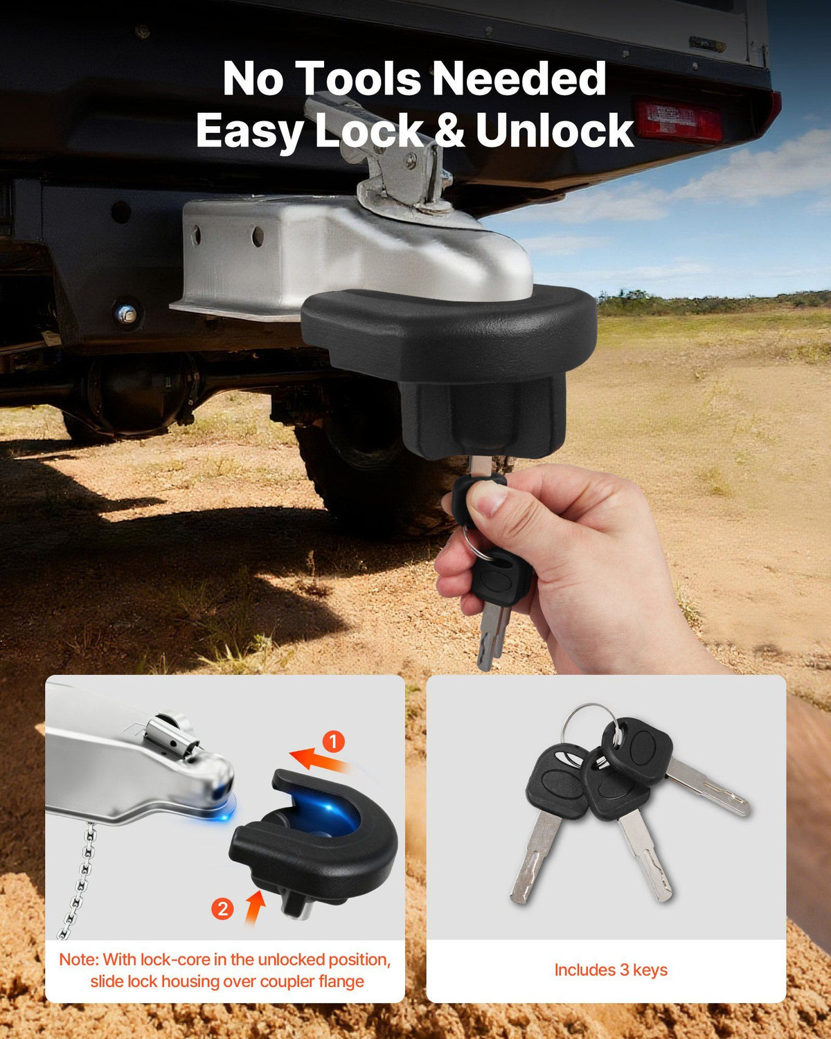 Trailer Hitch Lock, Compatible with 50.8 mm Couplers, Heavy-Duty Anti-Theft Trailer Ball Lock with 3 Keys, Prying-Resistant & Impact-Resistant, Fits for RVs, Boats, Off-Road Vehicles, Trailers