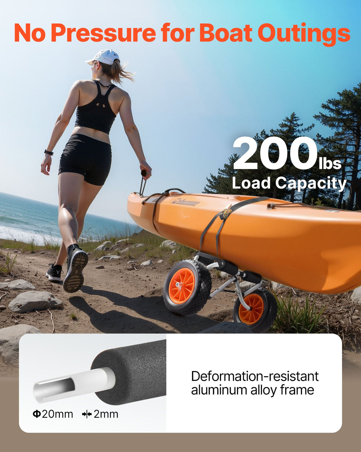 Kayak Cart, 90 kg Load Capacity, Foldable Kayak Trolley with 25.4 cm Solid Rubber Tires & 1 Ratchet Strap, Paddle Board Trolley for Carrying Kayaks, Canoes, Paddleboards, Float Mats, Jon Boats