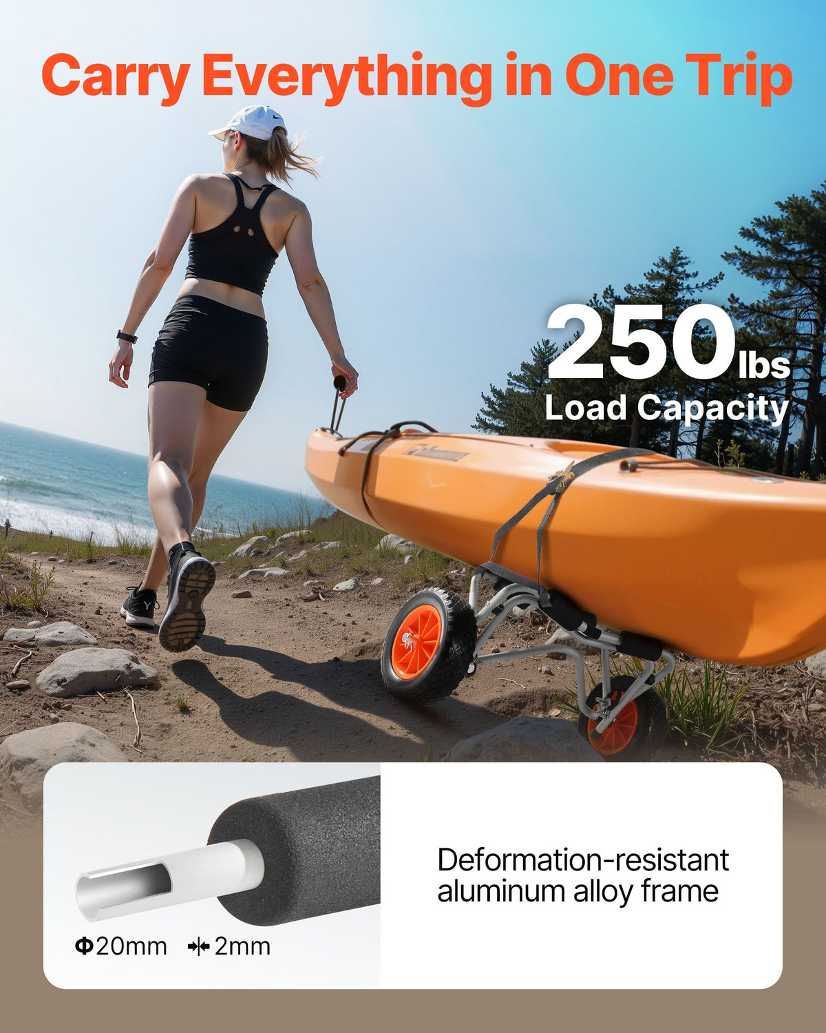 Kayak Cart, 113.4 kg Load Capacity, Foldable Kayak Trolley with 25.4 cm Solid Rubber Tires & 1 Ratchet Strap, Paddle Board Trolley for Carrying Kayaks, Canoes, Paddleboards, Float Mats,Jon Boats