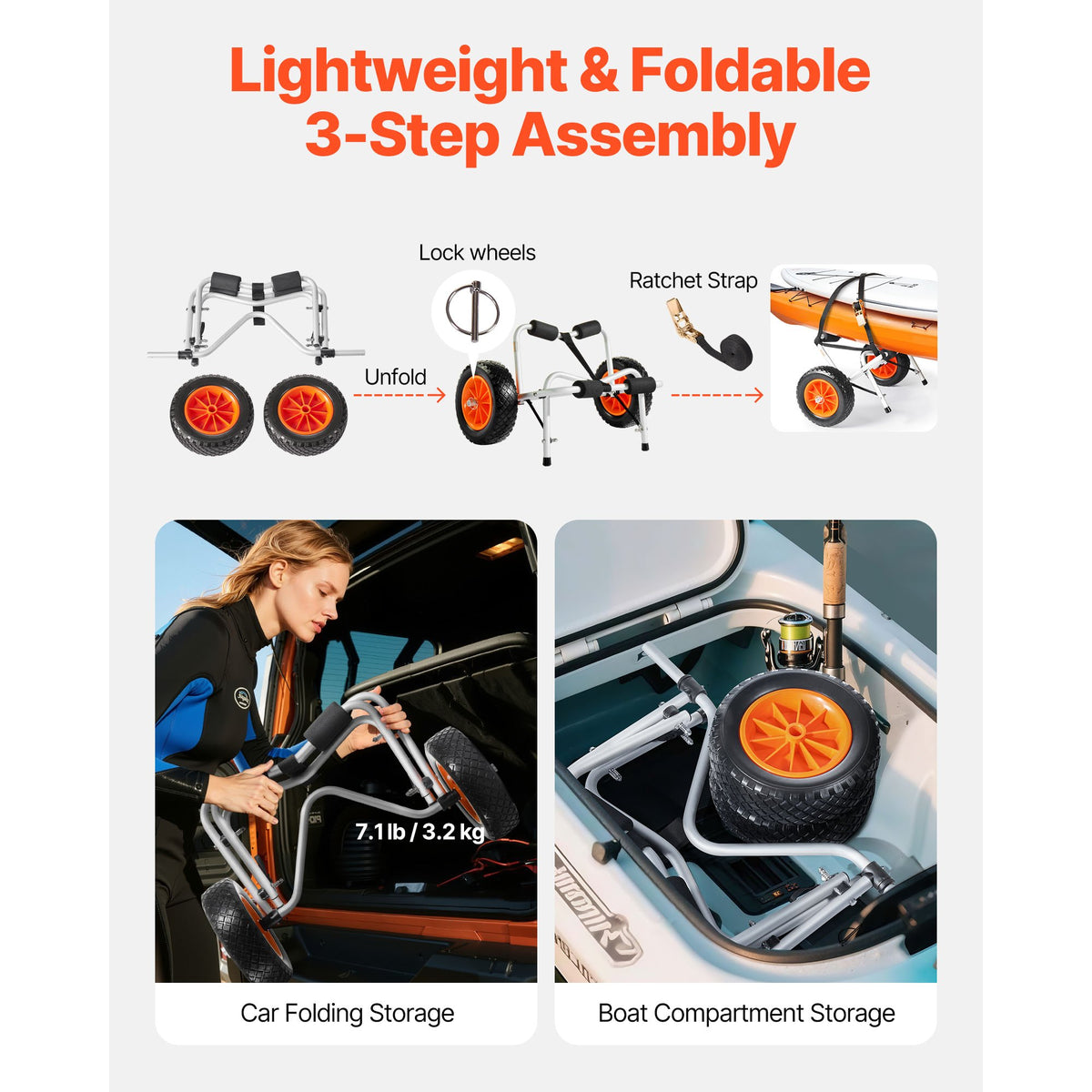 Kayak Cart, 113.4 kg Load Capacity, Foldable Kayak Trolley with 25.4 cm Solid Rubber Tires & 1 Ratchet Strap, Paddle Board Trolley for Carrying Kayaks, Canoes, Paddleboards, Float Mats,Jon Boats