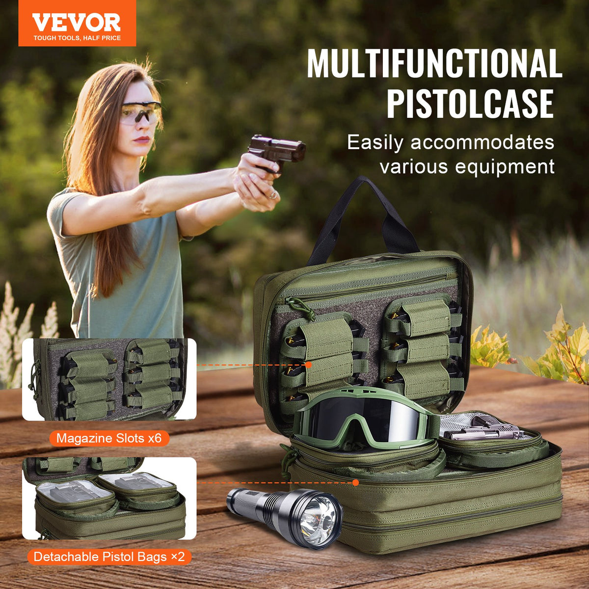 Range Bag for 2 Pistols Tactical Gun Bag 2 Built-in Pistol Bags Green
