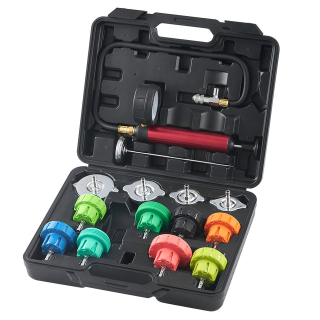 14pc Radiator Pressure Tester Kit Manual Pump Color-Coded Caps