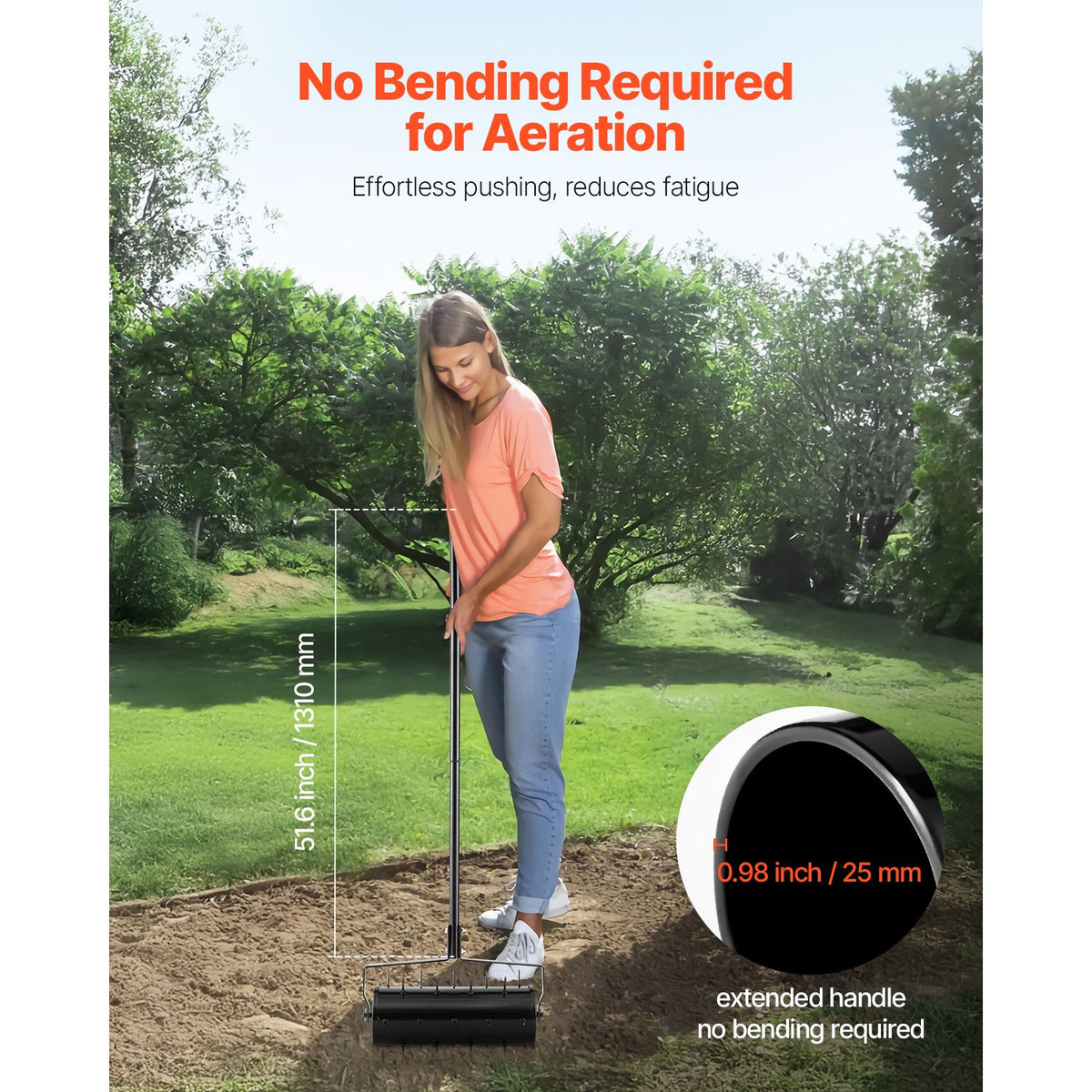 Rolling Lawn Aerator, 435mm Heavy-Duty Manual Rolling Aerator Lawn with Detachable Handle and 27 Iron Spikes, Rolling Lawn Aeration Tool for Garden Patio Yard Compacted Soils and Lawns, Black