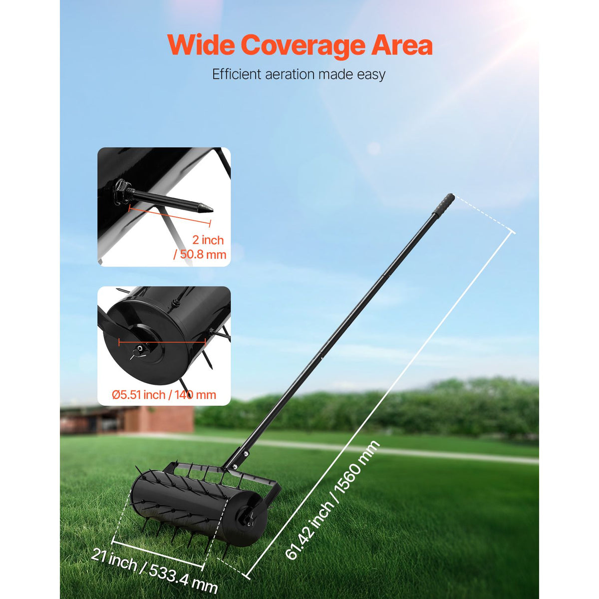 Rolling Lawn Aerator, 525mm Heavy-Duty Manual Rolling Aerator Lawn with Detachable Handle and 33 Iron Spikes, Rolling Lawn Aeration Tool for Garden Patio Yard Compacted Soils and Lawns, Black