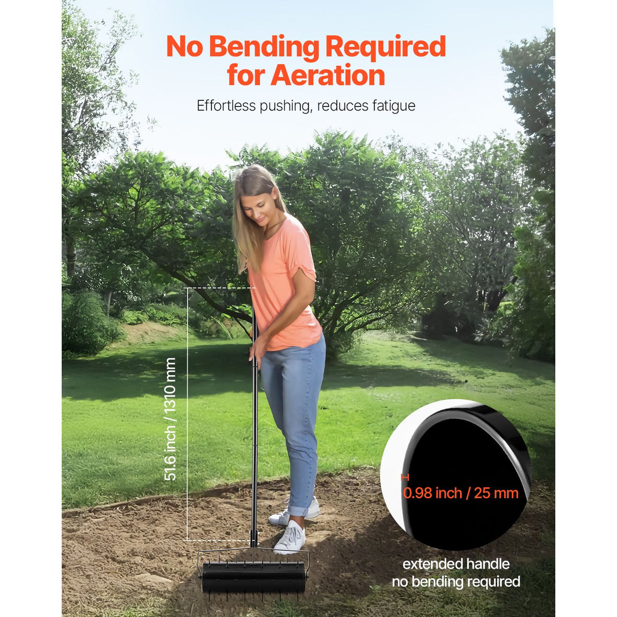 Rolling Lawn Aerator, 525mm Heavy-Duty Manual Rolling Aerator Lawn with Detachable Handle and 33 Iron Spikes, Rolling Lawn Aeration Tool for Garden Patio Yard Compacted Soils and Lawns, Black