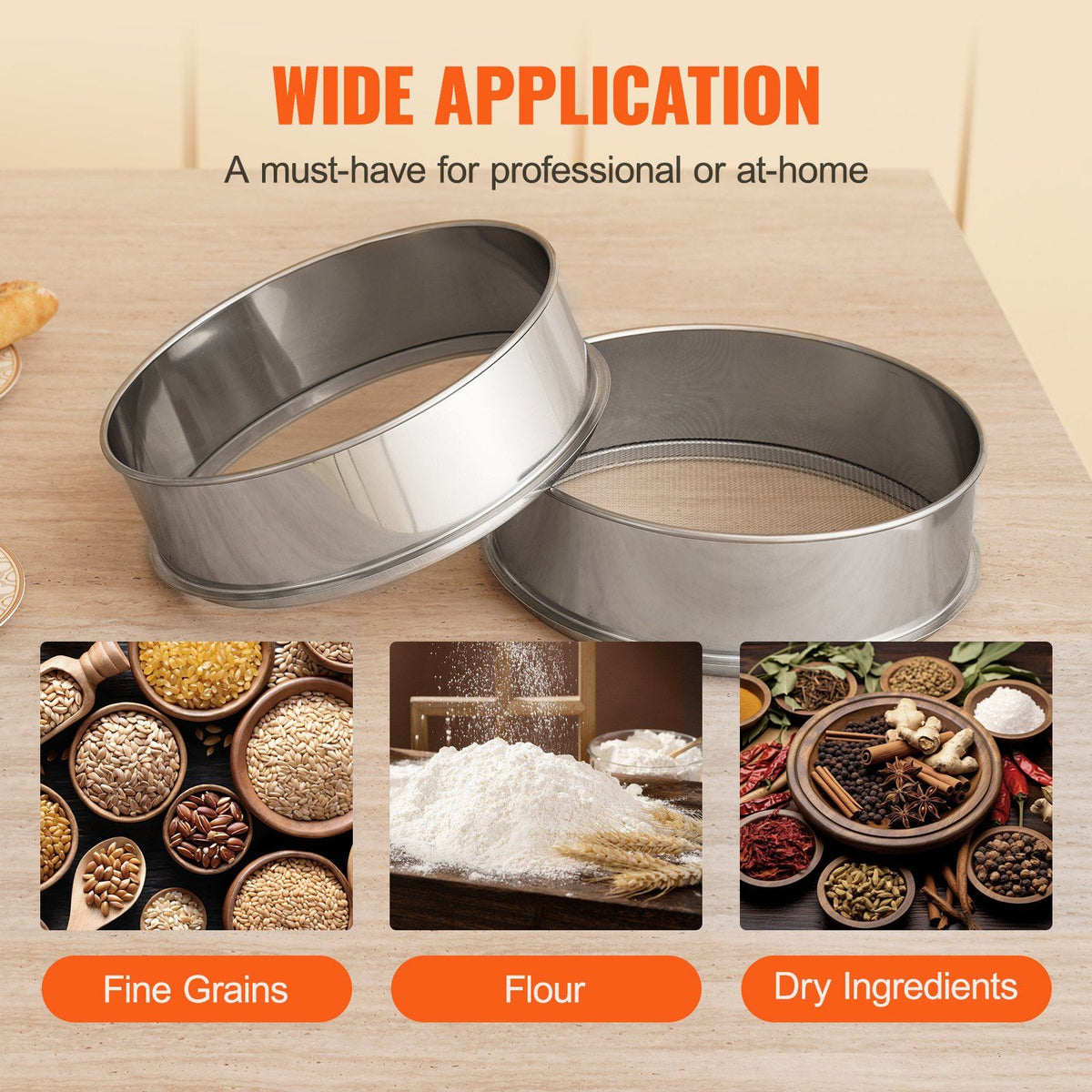 Flour Sieve Fine Mesh, 10 Mesh Flour Sifter, 304 Stainless Steel Fine Mesh Sifter Food-grade, Dia. 12.6" Fine Mesh Strainers for Baking, 5 Sizes Mesh hole for Mungbean, Rice, Flour, Pearl Powder