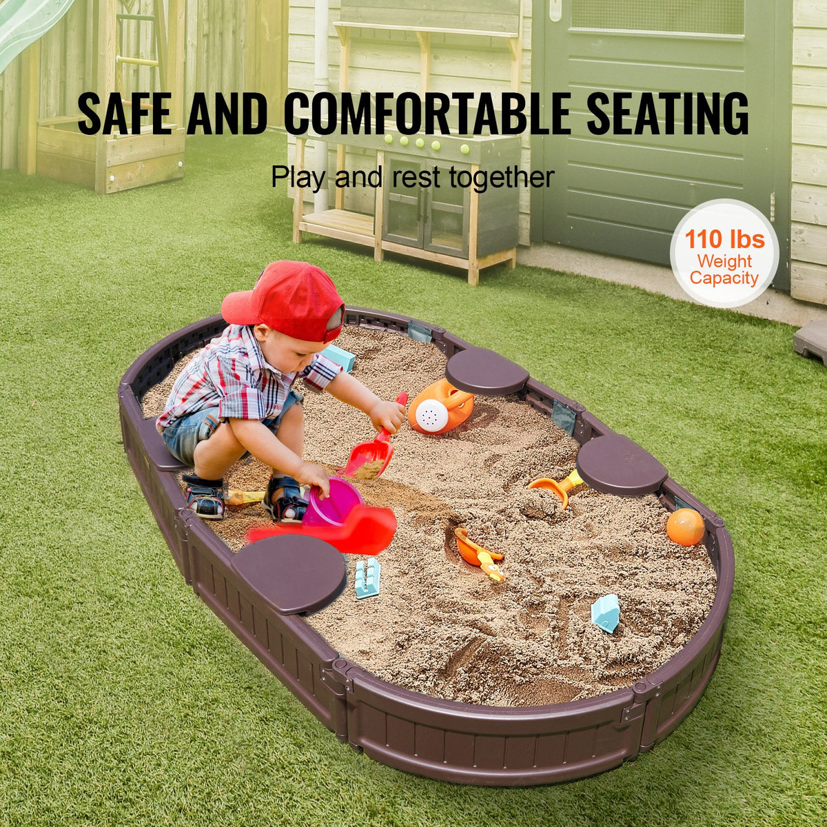 Sandbox with Cover, 72 x 41.5 x 9.1 in Oval Sand Box, HDPE Sand Pit with 4 Corner Seating and Bottom Liner, Kids Sandbox for Outdoor Backyard, Beach, Park, Gift for Boys Girls Ages 3-12, Brown