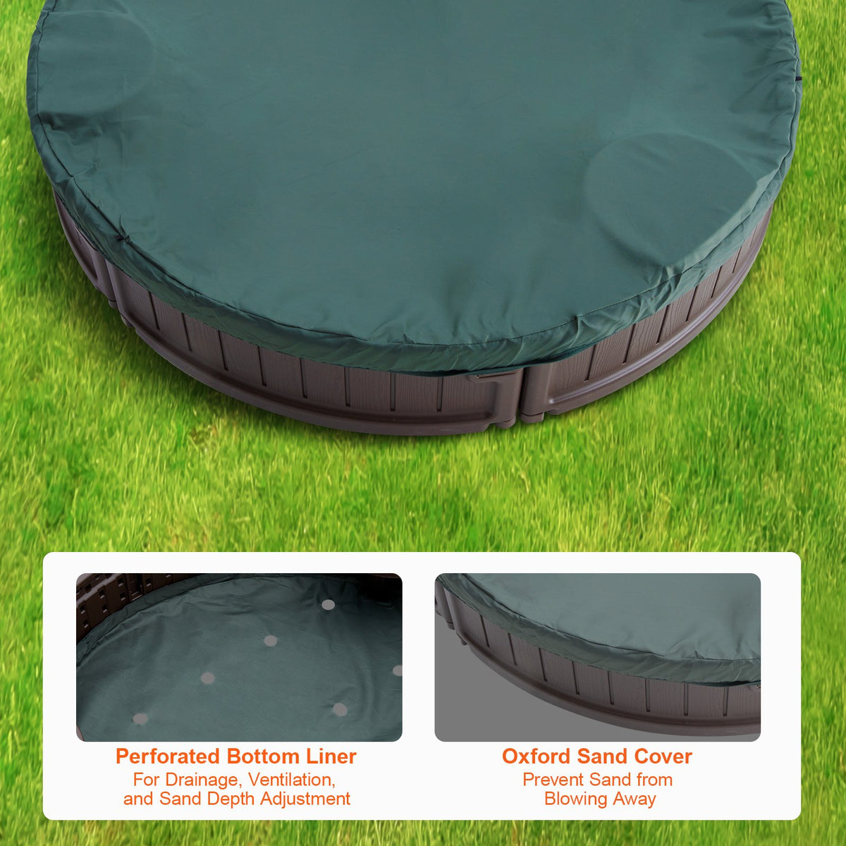 Sandbox with Cover, 72 x 41.5 x 9.1 in Oval Sand Box, HDPE Sand Pit with 4 Corner Seating and Bottom Liner, Kids Sandbox for Outdoor Backyard, Beach, Park, Gift for Boys Girls Ages 3-12, Brown