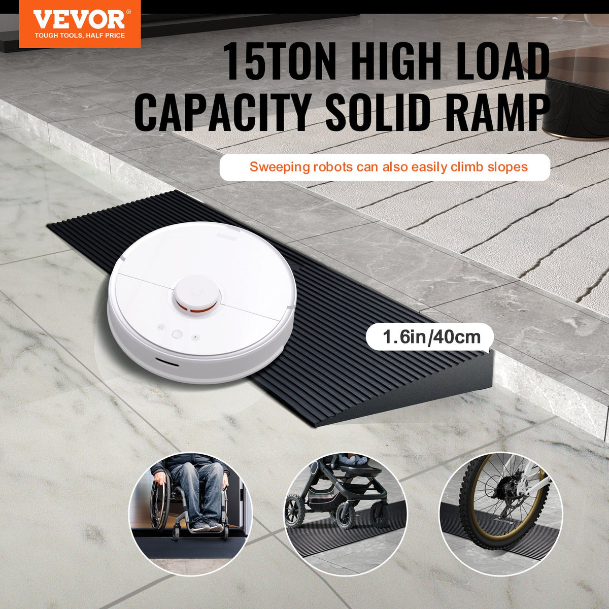 4 cm Rise Cuttable Threshold Ramp for Sweeping Robot, 90 cm Wide Natural Rubber Wheelchair Ramp, Non-Slip Solid Rubber Ramp with Double-Sided Tape for Doorways, Driveways, Bathroom, Smooth Tile