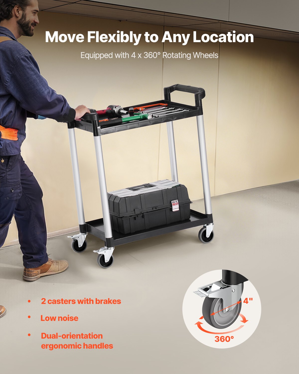 Utility Cart, 300 lbs Load Capacity, 2-tier Utility Plastic Cart with 360° Swivel Wheels (2 with Brakes), 24.4 x 16.1-inch Food Service Cart for Warehouse, Office, Home, Restaurant, Kitchen