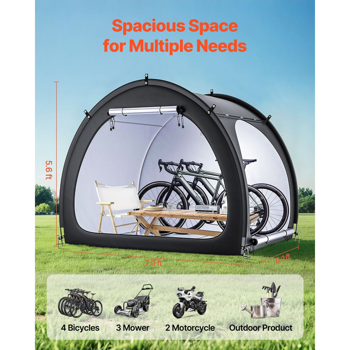 Bike Storage Tent, 4 to 5 Bikes, Outdoor Spacious Bike Storage Tent with Ventilated Window, Waterproof Fan-Shaped Bike Tent with High Strength Fiberglass & Double Door, Fit for Bicycle