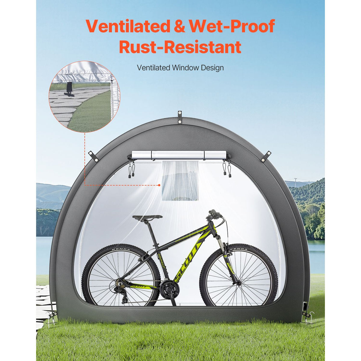 Bike Storage Tent, 4 to 5 Bikes, Outdoor Spacious Bike Storage Tent with Ventilated Window, Waterproof Fan-Shaped Bike Tent with High Strength Fiberglass & Double Door, Fit for Bicycle
