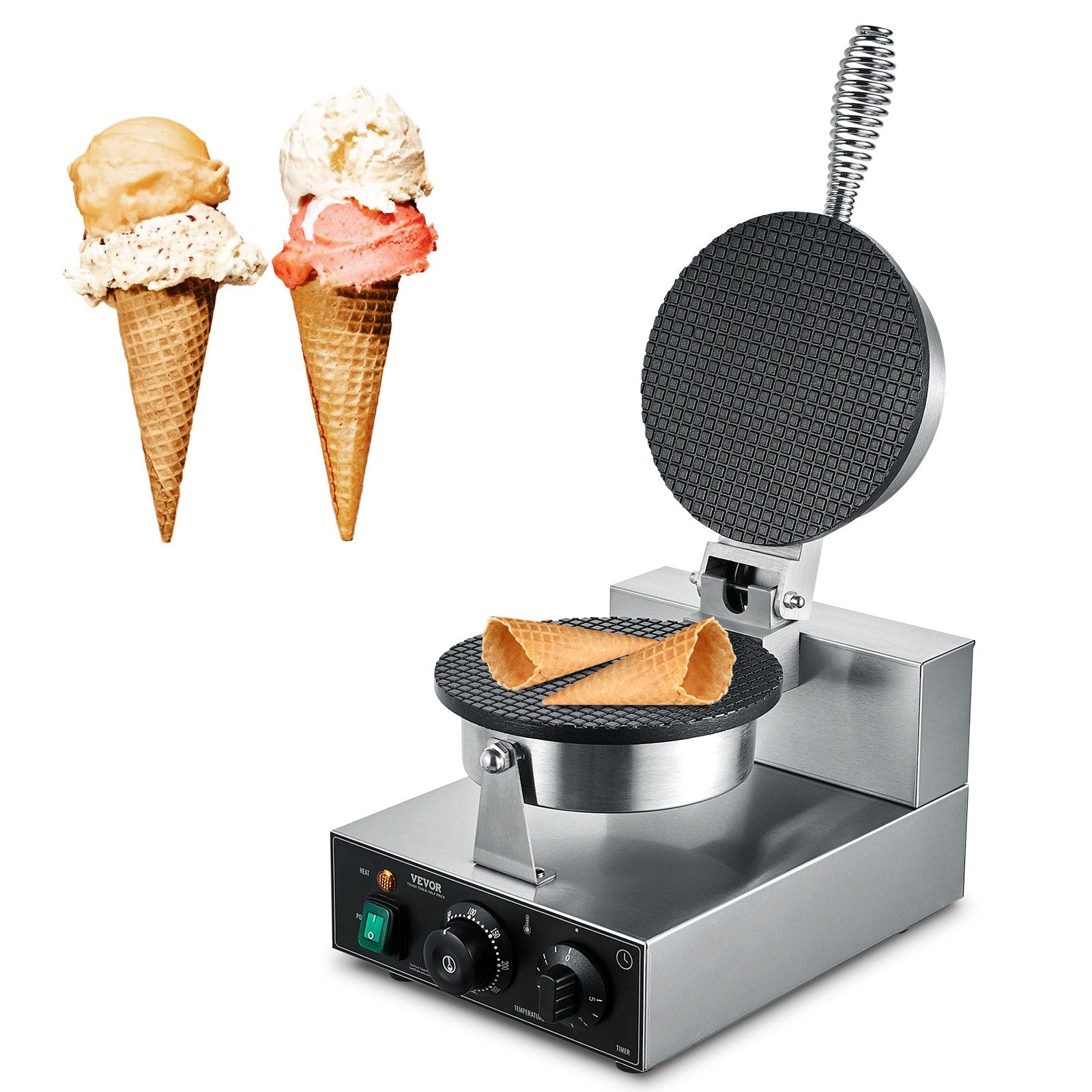 Electric Ice Cream Cone Maker, Commercial 1230W Waffle Cone Machine, Non-Stick Stainless Steel Egg Roll Mold, with Temperature and Time Control, Handle, for Restaurant Bakery Snack Bar Family