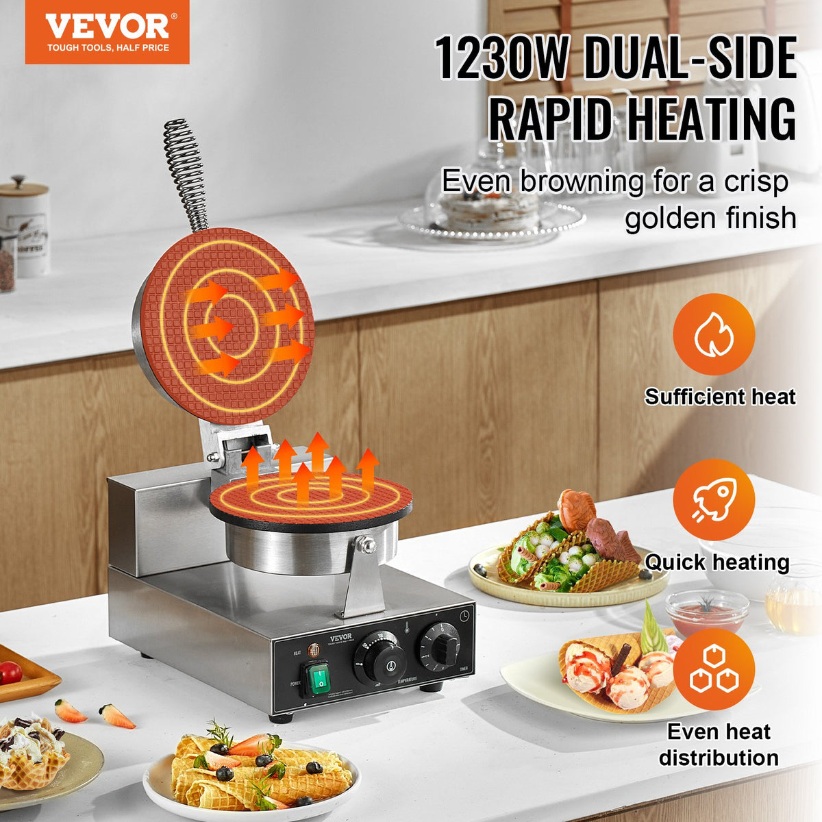 Electric Ice Cream Cone Maker, Commercial 1230W Waffle Cone Machine, Non-Stick Stainless Steel Egg Roll Mold, with Temperature and Time Control, Handle, for Restaurant Bakery Snack Bar Family