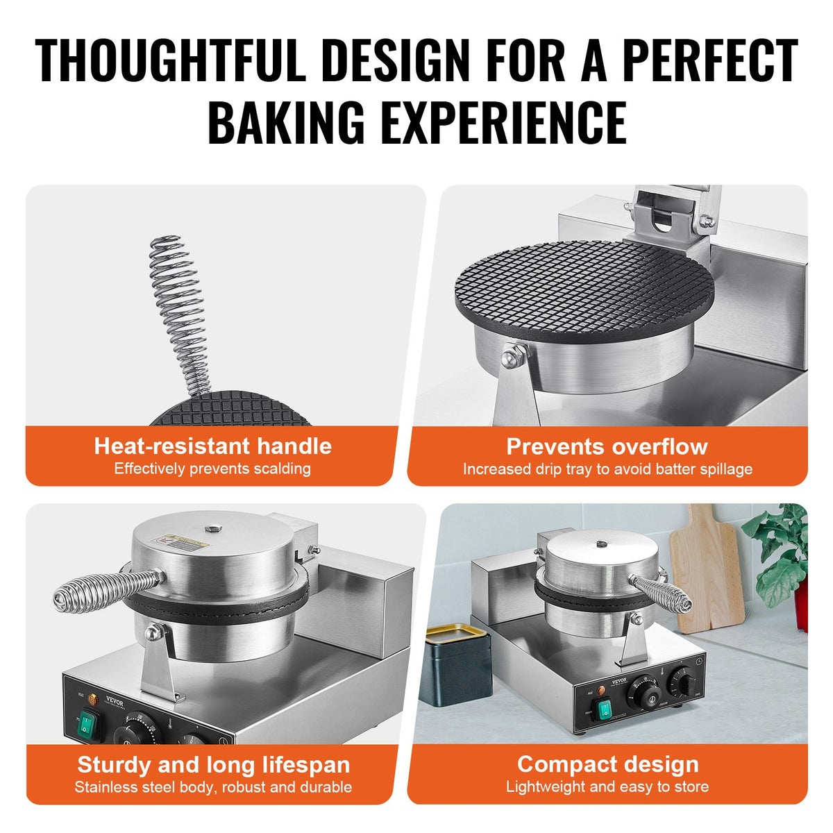 Electric Ice Cream Cone Maker, Commercial 1230W Waffle Cone Machine, Non-Stick Stainless Steel Egg Roll Mold, with Temperature and Time Control, Handle, for Restaurant Bakery Snack Bar Family