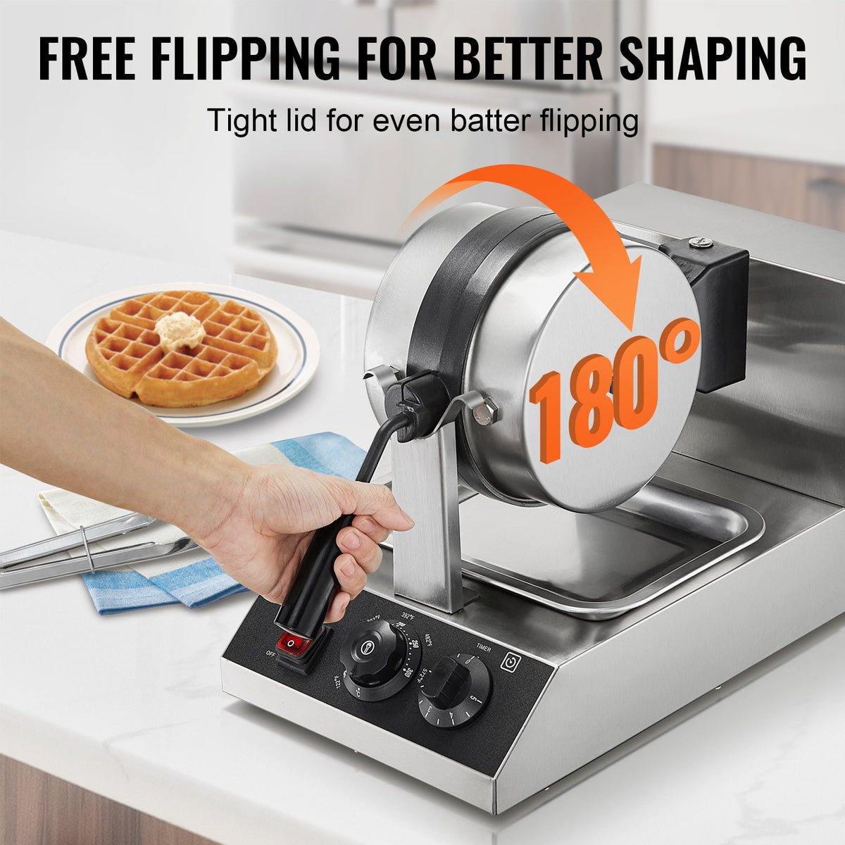 Commercial Waffle Maker, 1300W Round Waffle Baker Machine, Non-Stick Stainless Steel Belgian Waffle Iron, Temperature and Time Control, 180° Rotatable, for Restaurant Bakery Snack Bar Family