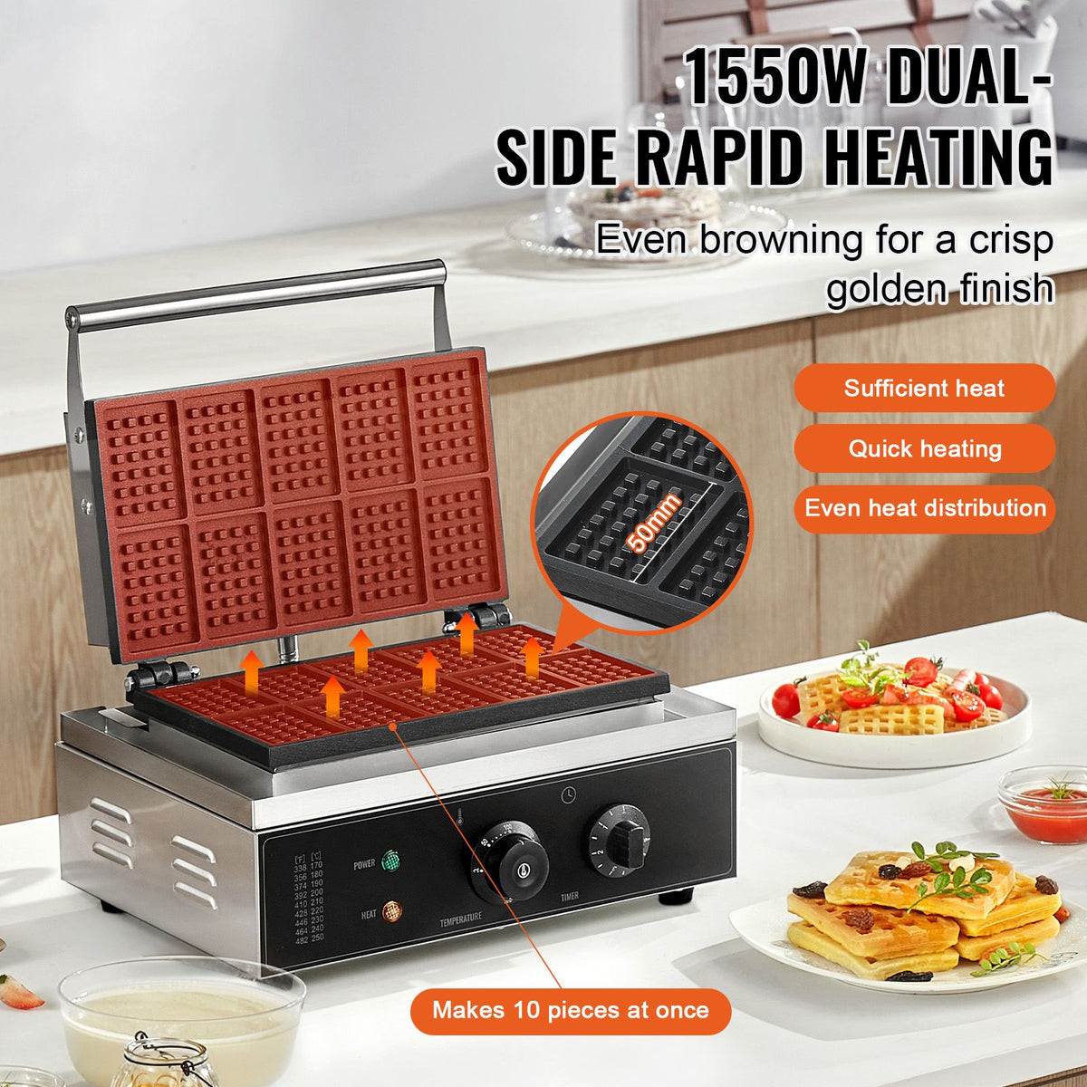 Commercial Waffle Maker, 10PCS Rectangle Waffle Baker Machine, 1550W Non-Stick Stainless Steel Belgian Waffle Iron with Temp and Time Control, Handle, for Restaurant Bakery Snack Bar Family
