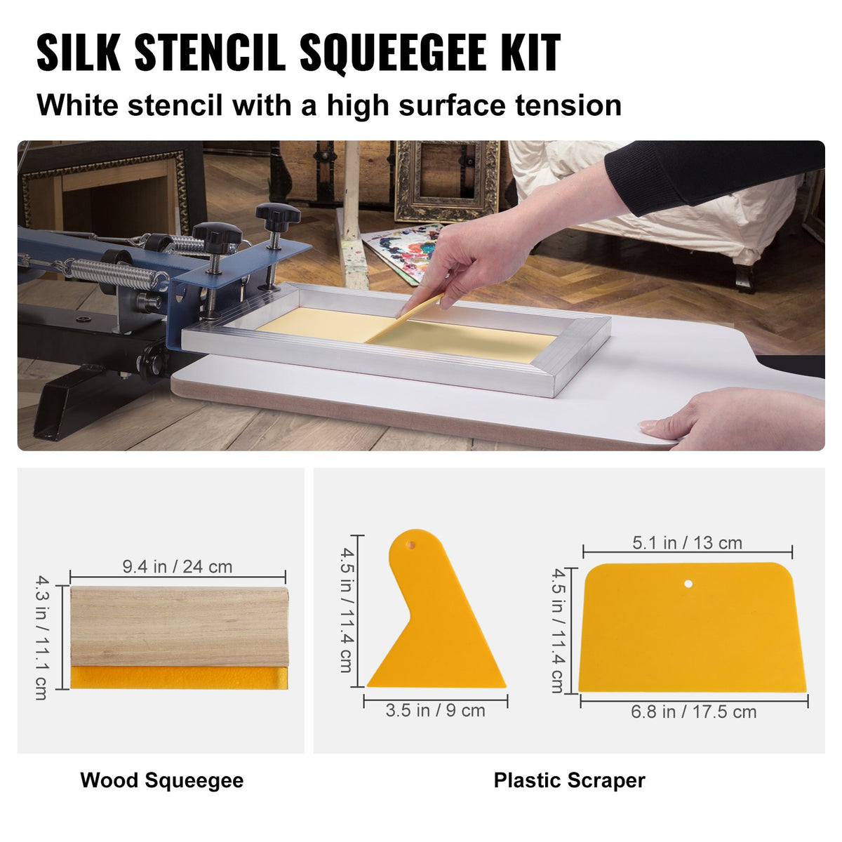 Screen Printing Kit, 2 Pieces Aluminum Silk Screen Printing Frames20.3 x 25.4/25.4 x 35.6cm 110 Count Mesh, 2 Tapes and Screen Printing Squeegees and Transparency Films for T-shirts DIY