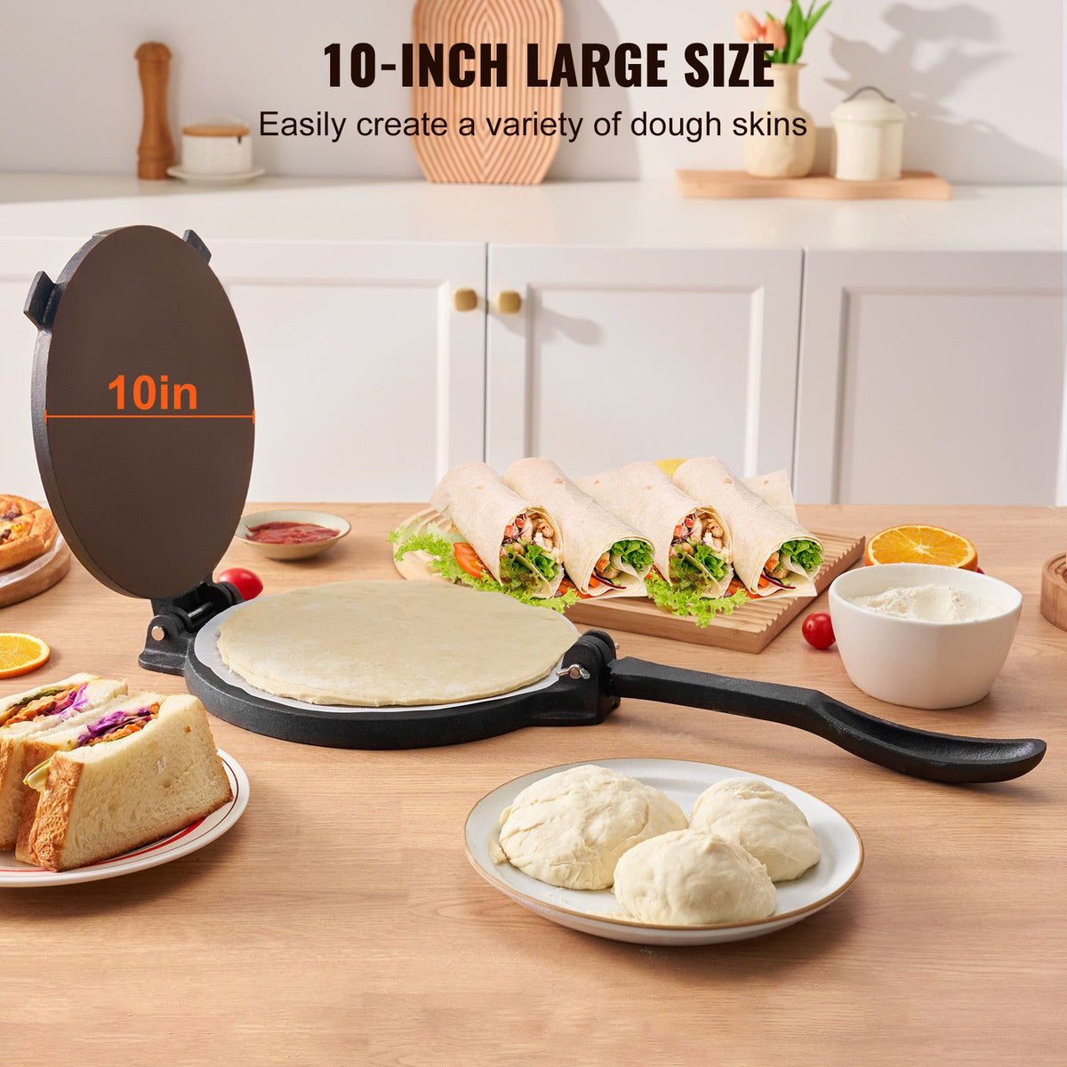 Tortilla Press, 250mm Tortilla and Roti Maker, Cast Iron Heavy Duty Tortilladora Press, Pre-Seasoned Pataconera Maker with 100 Pcs Parchment Paper, Dough Maker for Flour Tortilla, Tawa, Silver